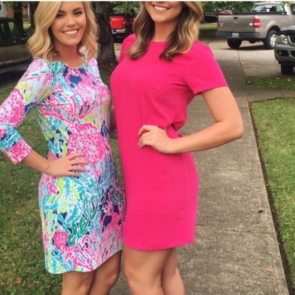 2/$30 Adrienne Vittadini - Fuchsia Short Sleeve Shift Mini Dress - Picture 6 of 8